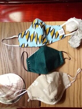 Children's Handmade Blue Geometric Face Mask + Green & Tan Set